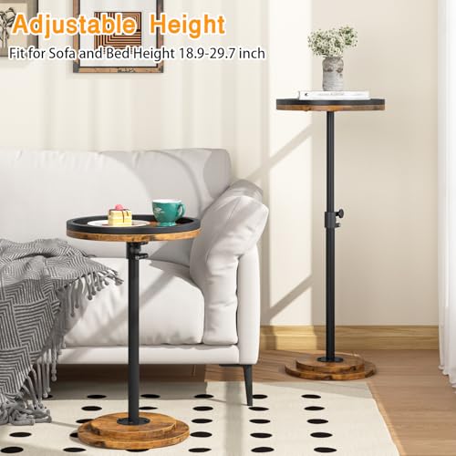 Small Side Table Set of 2, Drink Table, Height Adjustable Round End Table, Pedestal Side Table for Small Spaces in Living Room, Bedroom, Brown - color: Brown-2pcs