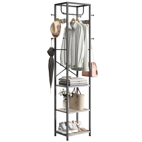 ELYKEN Coat Rack Freestanding, Hall Tree with 3 Storage Shelves and 12 Hooks, Industrial Clothes Rack Stand Organizer for Bedroom, Hallway, Entryway, Office, Living Room, Greige - color: Greige