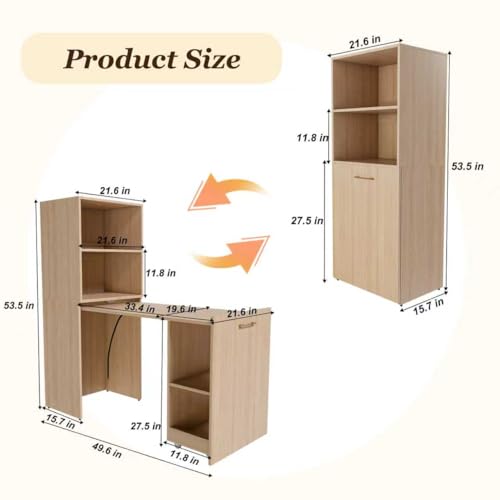 Folding Out Desk with Storage Shelves, Expandable Hidden Computer Desk, Foldable Space-Saving Pull Out Murphy Table, Writing Table with Wheels for Home Office Bedroom Small Spaces (Natural Wood.) - color: Natural Wood.