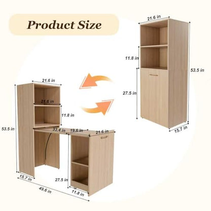 Folding Out Desk with Storage Shelves, Expandable Hidden Computer Desk, Foldable Space-Saving Pull Out Murphy Table, Writing Table with Wheels for Home Office Bedroom Small Spaces (Natural Wood.) - color: Natural Wood.