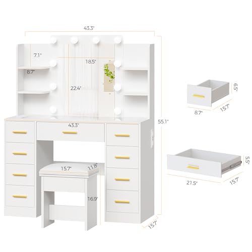 BEWISHOME Makeup Vanity Desk with Mirror and Lights White Vanity Table with Glass Top Power Outlet Stool,Makeup Desk with 9 Drawers and 4 Storage Shelves,Dressing Table for Bedroom Women FST39W
