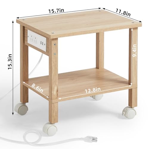 YUFAM 2 Tier Under Desk Printer Stand with Charging Station, Natural | Wooden Small Printer Table for Home Office, Rolling Printer Cart Shelf with Lockable Wheels - color: Wood, size: 11.8"D×15.7"W×15.3"H(With USB)
