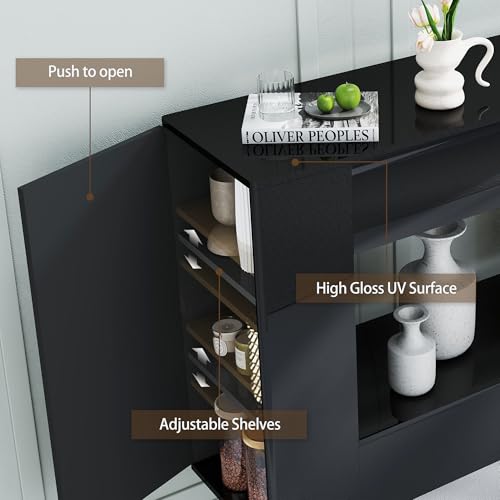 47" High Gloss Console Table with Hidden Side Storage Cabinets, Modern Black Entryway Sofa Table for Behind The Couch, Living Room - color: High Gloss-black