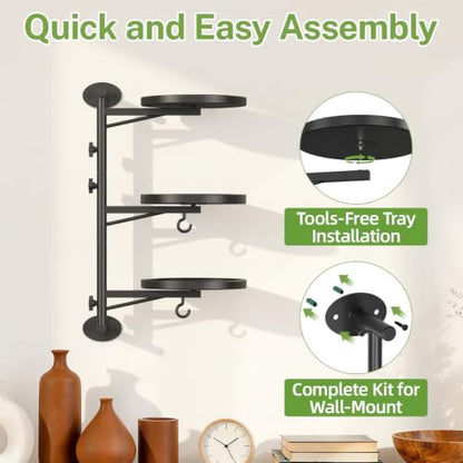 iDavosic.ly Rotating Window Plant Shelves Set of 2, 3-Tier Metal Wall Stand with Hooks, Flower Display Holder Rack for Living Room, Space Saving, Modern Black (Pots/Chains/Plants Not Included) - color: Deep Black, size: 2 Pack
