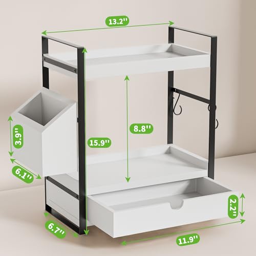 2-Tier Bathroom Counter Organizer, Wooden Vanity Shelf with Drawer & Basket | Pre-Drilled Holes, Skincare & Makeup Countertop Organizer and storage, White - color: White