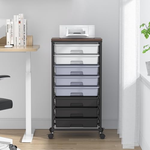 SYKIARIOL Rolling Cart with Drawers,Utility Cart With 8 Drawers and Wooden Tabletop for Living Room,Classroom,Bedroom,Bathroom,Dorm,Office,Dark Grey - color: Grey