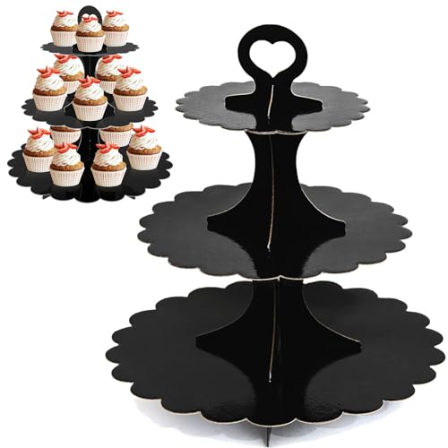 3-Tier Cupcake Stand Black 2-Pack, Premium Dessert Display Tower, Heart Handle Design, Easy 60-Second Assembly for Wedding Birthday Baby Shower Graduation - color: Black 2 Pack