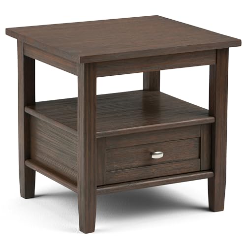 SIMPLIHOME Warm Shaker End Table - 20" Wide x 20" High Solid Wood Side Table in Farmhouse Brown, Transitional Accent Table for Living Room or Bedroom with Drawer, Open Shelf and Square Tapered Legs - color: Farmhouse Brown, size: 20 inch, style: End Table