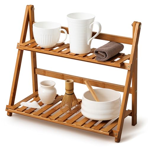 Yalikop Matcha Station Shelf,15.7'' Coffee Station Organizer, 2 Tiers Bamboo Mug Holder Countertop,Desktop Flower Pot Rack for Home Living Room Window Sill Foldable Display Storage Shelf (Brown) - color: Brown, size: 15.7''