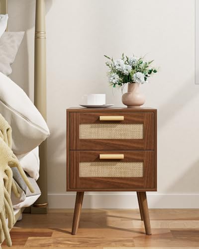 Masupu Rattan Night Stand, Modern nightstand Boho Bedside Table with 2 Drawer, Small End Side Table for Bedroom, Living Room, Office, Walnut - color: Walnut