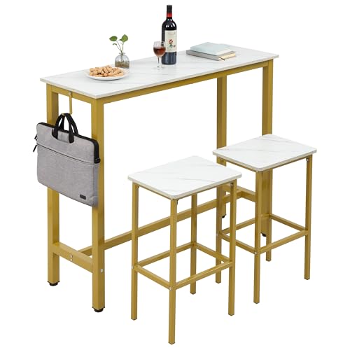 Finnhomy Bar Table Set, 47" Pub Table High Top Table, Rectangular Bar Height Table, Bar Table with Stools, Kitchen Table Set for 2, Industrial Breakfast for Kitchen, Living Room, Gold - color: White Marble + Gold, size: 47" Bar Table
