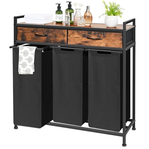 180L Laundry Sorter Hamper Basket 3 Section with Shelf & 2 Drawers | 3 Compartment Clothes Storage Organizer Cart, Pull-Out Removable Oxford Fabric Bags - color: Brown, size: 180L