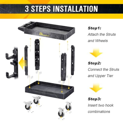 Heavy Duty Plastic Utility Cart 850Lbs, 34" x 17" Rolling Work Cart with Wheels - 2 Tier Service Cart for Warehouse/Garage/Garden - Upgraded 2 Side Tube Hooks, 360° Swivel Lockable Wheels