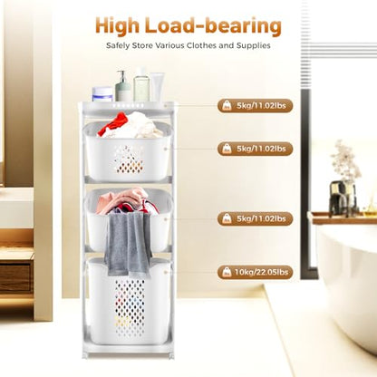 Rolling Laundry Hamper, 3 Tier Storage Sorter Cart with Wheels, White Plastic Dirty Laundry Basket, Movable Clothes Toiletries Snacks Hamper for Kitchens Bathrooms Bedrooms Classrooms Laundry Rooms