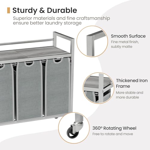 SwaaVee Laundry Sorter, Laundry Hamper 3 Section, 3×11.4Gal, Metal Frame Rolling Laundry Basket with Wooden Top Shelf, Pull out and Removable Laundry Bags, 3 Bags-Gray - color: Grey