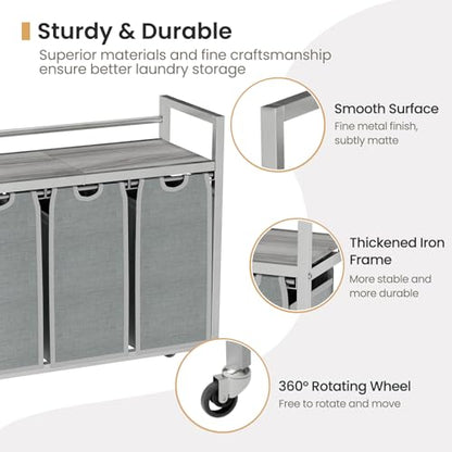 SwaaVee Laundry Sorter, Laundry Hamper 3 Section, 3×11.4Gal, Metal Frame Rolling Laundry Basket with Wooden Top Shelf, Pull out and Removable Laundry Bags, 3 Bags-Gray - color: Grey