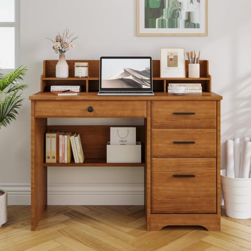 4 EVER WINNER Small Desk with Drawers for Small Spaces, 44'' Wood Desk with File Drawer & Monitor Stand, Office Desks Writing Study Table for Bedroom, Living Room, Brown - color: Brown