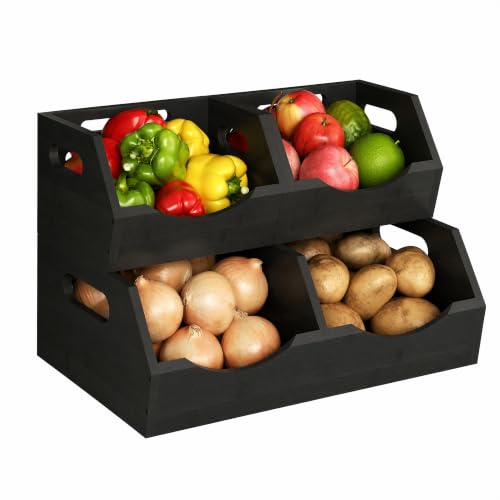 Potato and Onion Storage Bin, 2 Tier Bamboo Kitchen Storage Rack, Stackable Ventilated Pantry Organizer with Handles for Garlic Peppers Vegetables, Countertop Produce Bins, Black(Assembly Required) - color: Black(2 Tier)