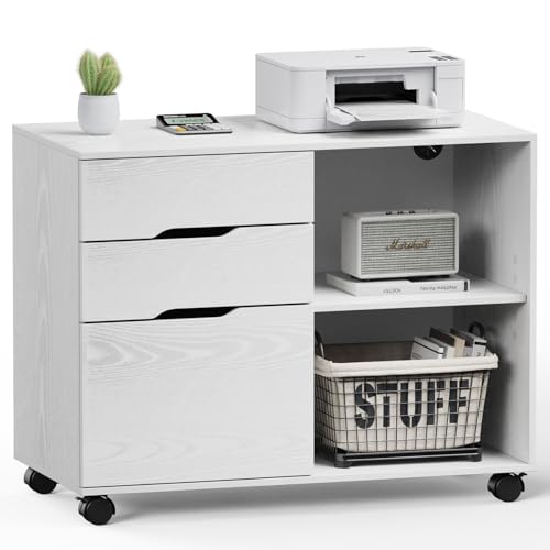 DUMOS File Cabinet with 3 Drawers, Wood Under Desk Storage Printer Stand | Rolling Lateral Filing Cabinet with Adjustable Shelves for Home Office Study Organizatiom, Classic White - color: Classic White