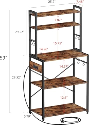 Cheersstar Bakers Rack with Power Outlet - Microwave Oven Stand 5 Tiers, Kitchen Storage Shelf Rack with 6 S-Shaped Hooks, Coffee Bar Cabinet for Kitchen, Entryway, Living Room, Rustic Brown