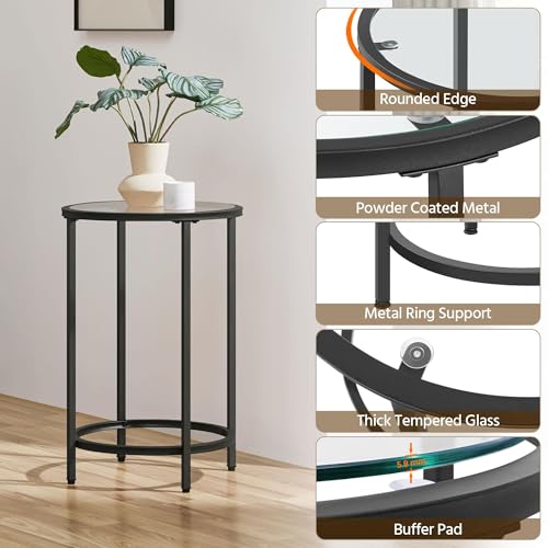 Yaheetech 16'' Round Glass End Table, Black Iron Open-Frame Ring Nightstand | Tempered Glass Top Side Table for Living Room, Iron Frame Holds 88 lb, Open Ring Base, 24'' Height Fits Sofa Arms
