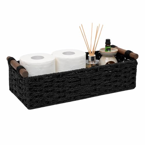 Black Toilet Tank Basket, Back of Toilet Bathroom Storage | Handwoven Paper Rope Bathroom Basket with Wood Handles for Toilet Tank Top, Vanity, Shelf, Countertop Organizer&Décor - color: Classic Black