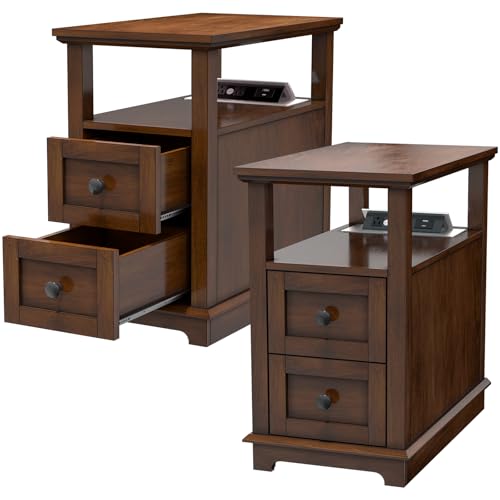HIFYOBRO End Table with Flip Top Charging Station Set of 2, Narrow Side Table with 2 Drawers, Type-C & USB Port & Power outlets, Wooden Storage Cabinet for Living Room and Bedroom - color: Glossy Cherry, size: 1 Set