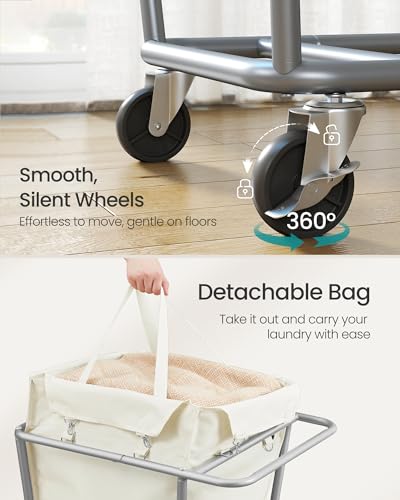 SONGMICS Laundry Basket with Wheels, 34.3 Gallons (130 L) Rolling Laundry Hamper with Removable Bag, Heavy-Duty Steel Frame, Cream White URLS008W01 - color: Cream White, size: 130 L (1-Section)