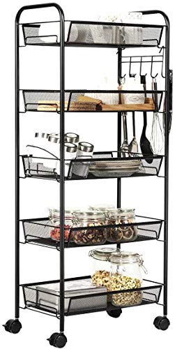 JANE EYRE 5-Tier Rolling Utility Storage Rack Cart on Wheels, Trolley Craft cart, Multi-Purpose Organizer Shelf, Black - color: Black, size: 5 Tier