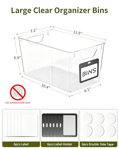 iCASA 6-Pack Clear Fridge Organizers and Storage Bins Container with Labels | Plastic Refrigerator Organizer Bin for Organizing, Home Organization Must Haves for Kitchen Under Sink Cabinet Pantry Shelf