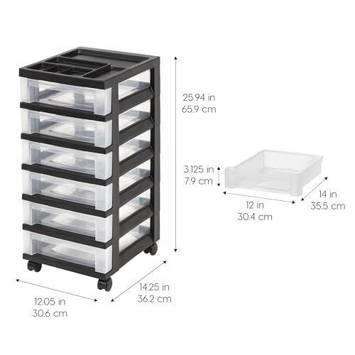 IRIS USA Plastic Drawer Storage Organizer Rolling Cart, with Wheels Casters, 6-Drawers, for Classroom Art Craft Supplies Dresser Closet Bathroom Laundry Room, Black/Clear