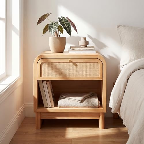 Christopher Knight Home Louisa Modern Nightstand with Open Shelf & Drawer, Wooden Small Night Stand, Bedside Table/End Table for Bedroom/Living Room, Storage Cabinet with Curved Design, Natural