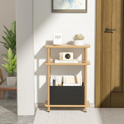 THUMEYE Narrow Side Table with Fabric Basket, 7" Wide, 3 Tier Skinny End Table with Wood Legs, Slim Nightstand/Bedside Table for Small Spaces, with Adjustable Feet, 15.7" L x 23" H - color: Burlywood