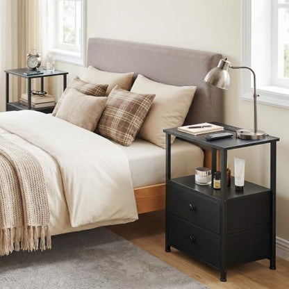 LOAKEKEL Night Stand, Nightstands Set of 2 with Charging Station | Bedside Table with 2 Fabric Drawers for Bedroom, End Tables with Storage Shelf for Small Spaces, Black - color: Black, style: Power