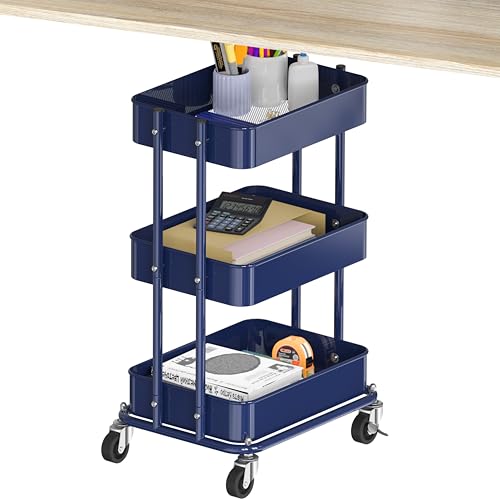 Simple Houseware 3-Tier Utility Cart, Low 24" Height Fits Under Desk, Navy | Compact & Lower Height Great for Under-Desk Space-Saving Storage for Home Office, Dining Room, or Kitchen - color: Navy