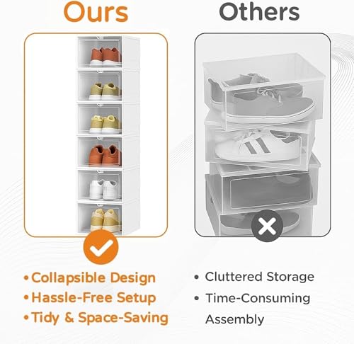 GUDEMAY Drop Front Shoe Storage Box, No Assembly Stackable Shoe Organizer Storage Bin with Clear Door, Free Standing Shoe Shelf Cabinet with Lid, Plastic Shoe Rack for Closet Entryway, 6-Tier
