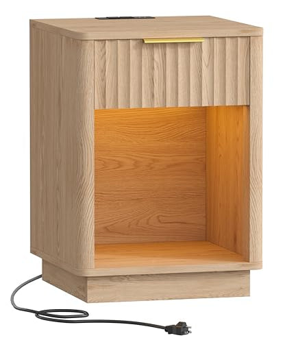 Akxomel Fluted Nightstand, Wooden Night Stand with Charging Station and LED Light, Modern Mid Century End Table with Drawer, 15" D x 15.7" W x 22.6" H, for Bedroom, Natural Oak - color: Natural Oak