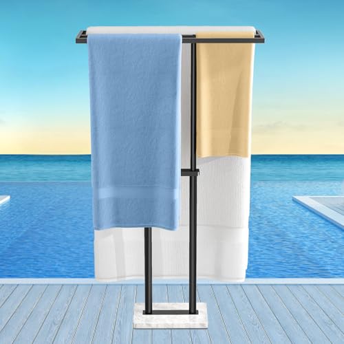 LSK 40” Standing Towel Rack, 3 Tier Towel Stand with Marble Base, Black | Stainless Steel Freestanding Towel Racks for Bathroom, Towel Holder Stand for Hanging Multiple Sizes Towels