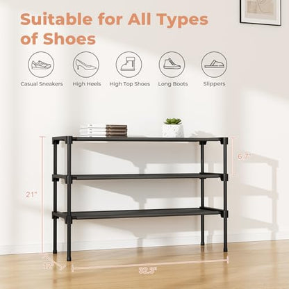 32.3" Widening Design Shoe Rack for Closet 16 Pairs Small Spaces Non-Woven 3 Tier Shoe Organizer Stackable Metal Shoe Shelf for Entryway, Bedroom - color: Black