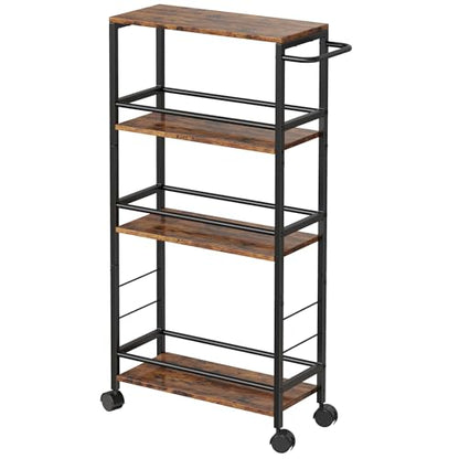 Slim Rolling Cart, 4-Tier Kitchen Storage Rolling Cart, Narrow Cart with Handle, Mobile Utility Cart for Small Space, Shelving Unit for Kitchen, Dining Room, Living Room, Home Office, Laundry Room