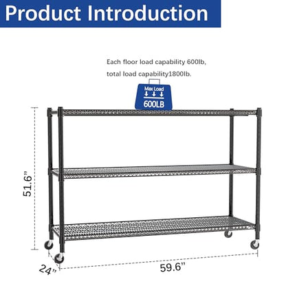 REGILLER 3-Wire Shelf Adjustable Heavy Duty Storage Shelves,Metal Organizer Wire Rack for Laundry Bathroom Kitchen Pantry Closet Garage Shelving with Wheel(Black,24" Dx59.6 Wx47.6 H) - size: 3Tier With Wheel 24"D x 59.6"W x 47.6"H