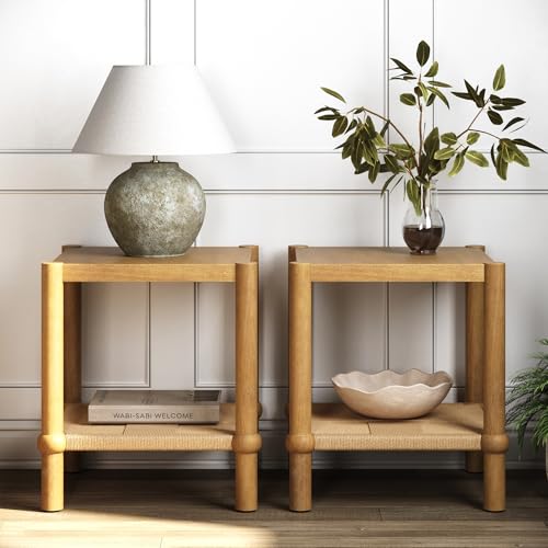 Nathan James River Modern Coastal Side Table with Solid Wood Legs and Seagrass Storage Shelf, Light Brown Set of 2 - color: Light Brown/Seagrass, size: Set of 2