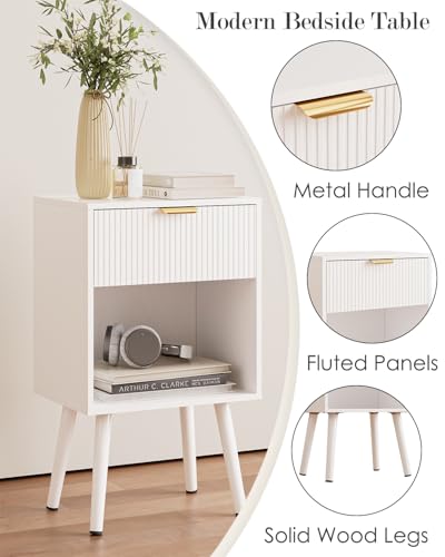 White Fluted Nightstand, Modern Bedside Table with Storage Drawer, Wood Night Stand Side End Table for Bedroom, Living Room, Office - color: White