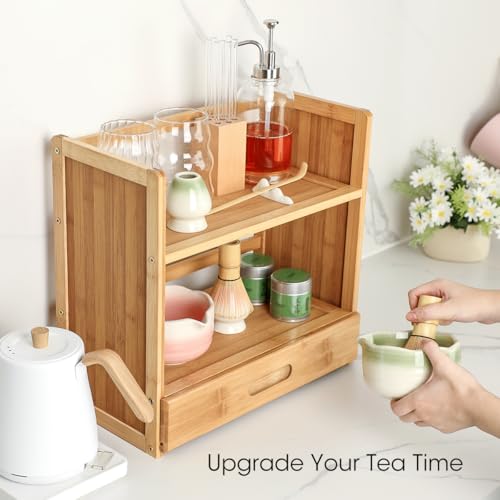 AIEVE Matcha Station Organizer, 2-Tier Bamboo Shelf with Hidden Drawer, Coffee Station Organizer Mug Holder Shelf for Matcha Whisk Set Bowl Cup Scoop Sifter