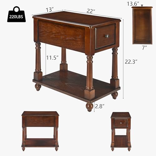 Narrow End SideTable with Drawer and Storage Shelf, Solid Wood Sofa Tables, Slim Beside Table-, Telephone for Small Spaces, Living Room, 22"L x 13"W x 22.7"H No-tools Assembly Dark Walnut BBJ004DWA - color: Walnut