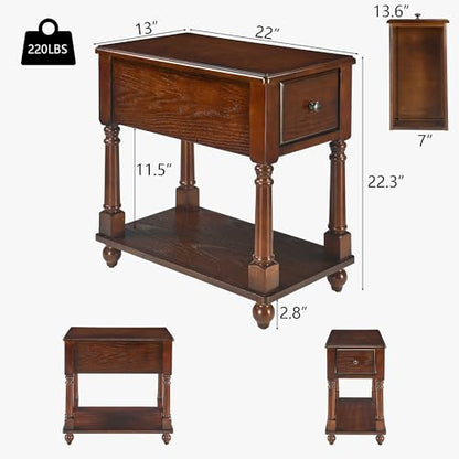 Narrow End SideTable with Drawer and Storage Shelf, Solid Wood Sofa Tables, Slim Beside Table-, Telephone for Small Spaces, Living Room, 22"L x 13"W x 22.7"H No-tools Assembly Dark Walnut BBJ004DWA - color: Walnut
