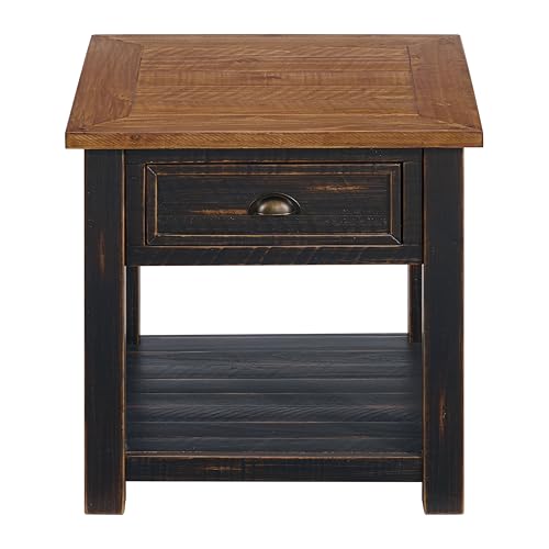 Monterey Farmhouse Rustic End Table, Solid Pine Wood Coastal Side Table with Drawer and Shelf. Black and Honey. | Farmhouse Rustic, Coastal Side Table, Drawer and Storage Shelf - color: Black and Honey