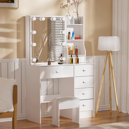 Makeup Vanity with Sliding Mirror and LED Lights, 3 Adjustable Modes Vanity Desk with 6 Storage Drawers & 3 Open Shelves, Dressing Table with Stool with Bedroom, White - size: Small-32'' Wide