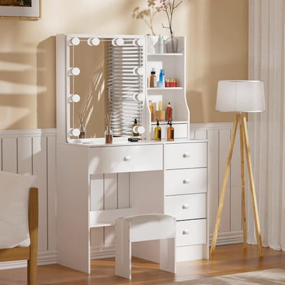 Makeup Vanity with Sliding Mirror and LED Lights, 3 Adjustable Modes Vanity Desk with 6 Storage Drawers & 3 Open Shelves, Dressing Table with Stool with Bedroom, White - size: Small-32'' Wide