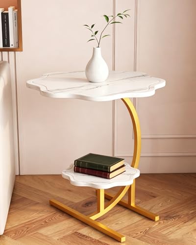 2 Layers Flower Shape Marble Texture Small C-Shaped Side Table,Snack Side Table, End Table for Sofa SideTable,Bedside Table for Living Room Kitchen Garden Bedroom - color: White+gold